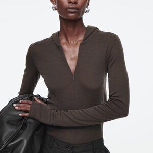 COS Slim Half-zip Wool Hoodie in Brown size M